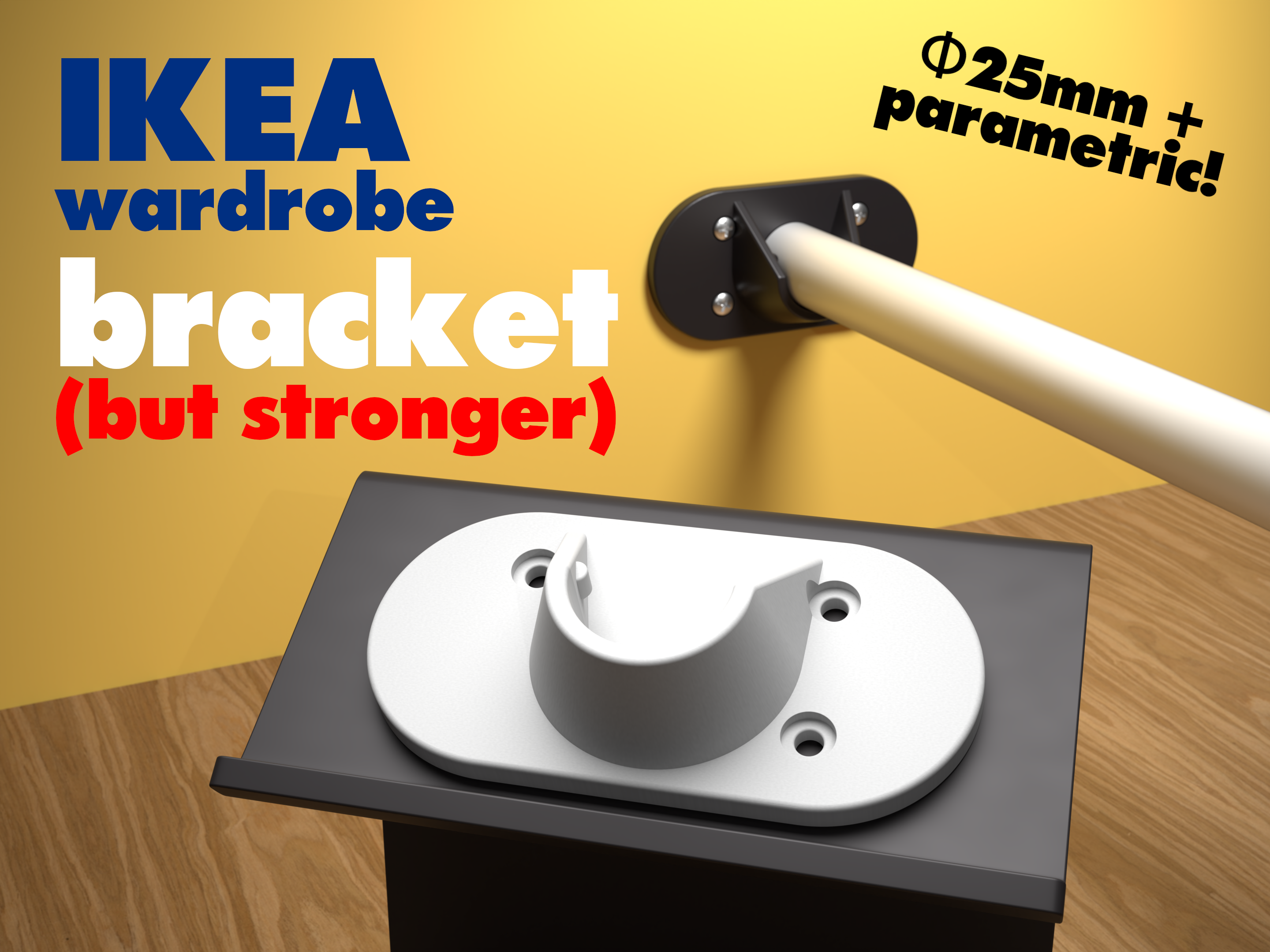 A fully parametric strong wardrobe rail bracket for a cylindrical rail (fits Ikea Hjalpa)