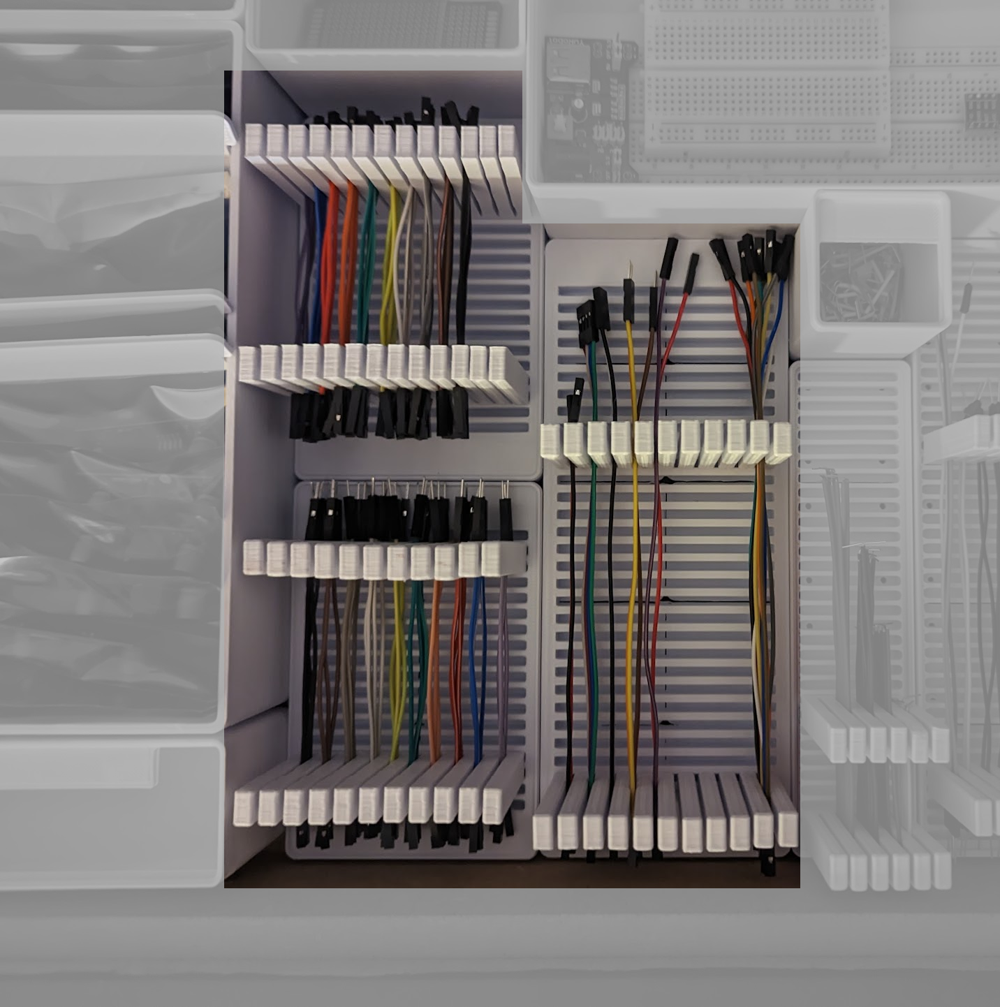 Gridfinity wide, variable length jumper wire organizer