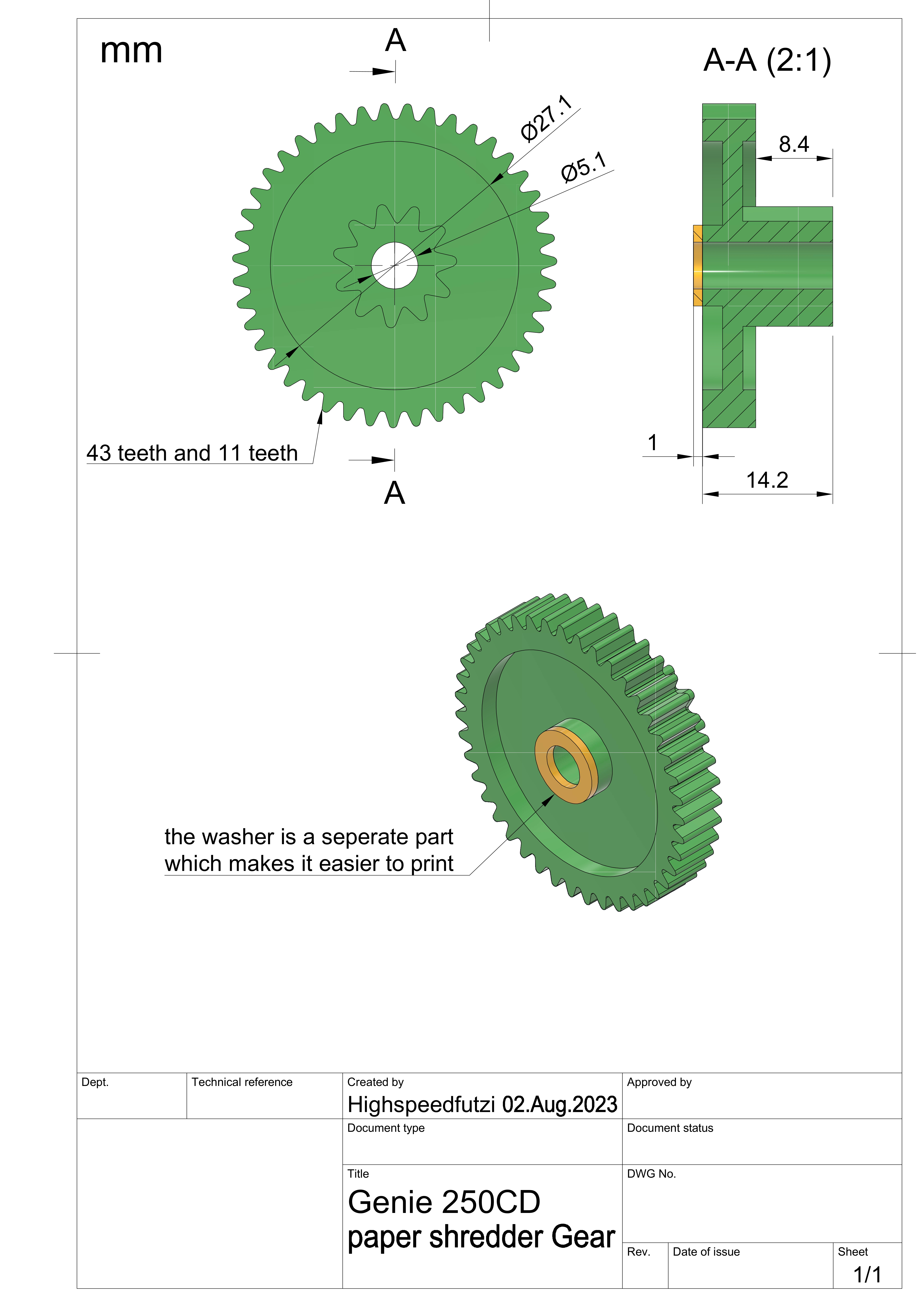 replacement gear for paper shredder (Genie 250 CD) - photo 4