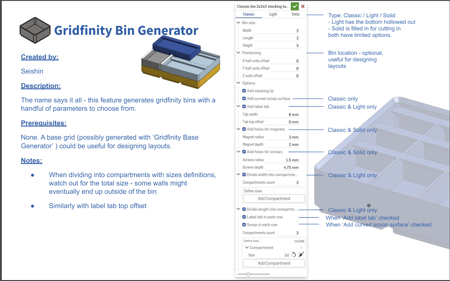 OnShape Gridfinity Bin and Base generator features - photo 3