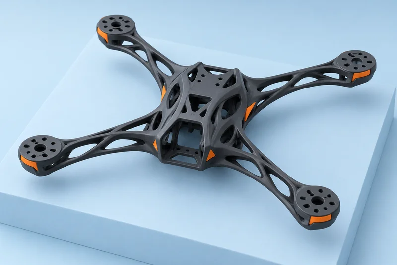 AI-generated drone-frame concept with branching ribs and four motor mounting points