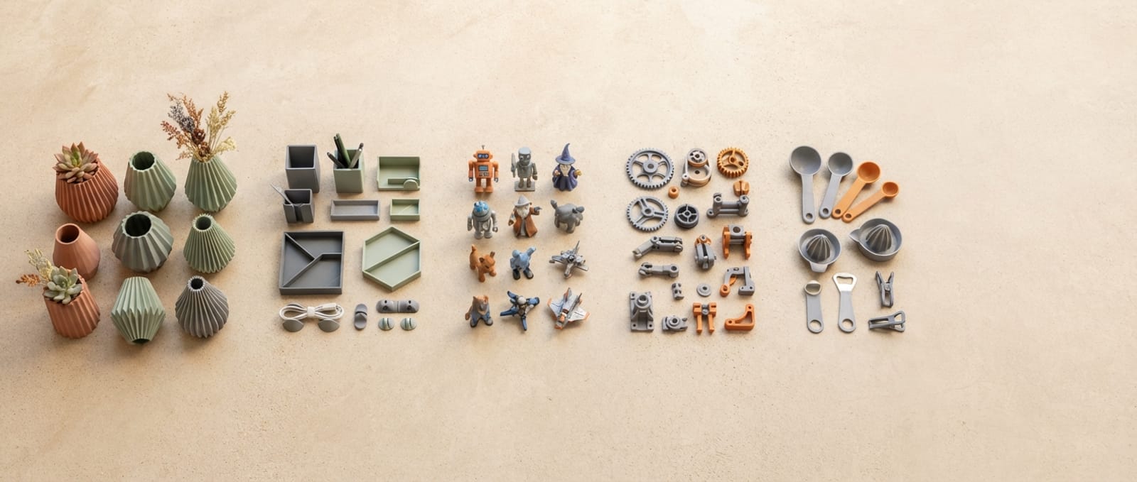Many different 3D printed objects grouped by type on a concrete surface