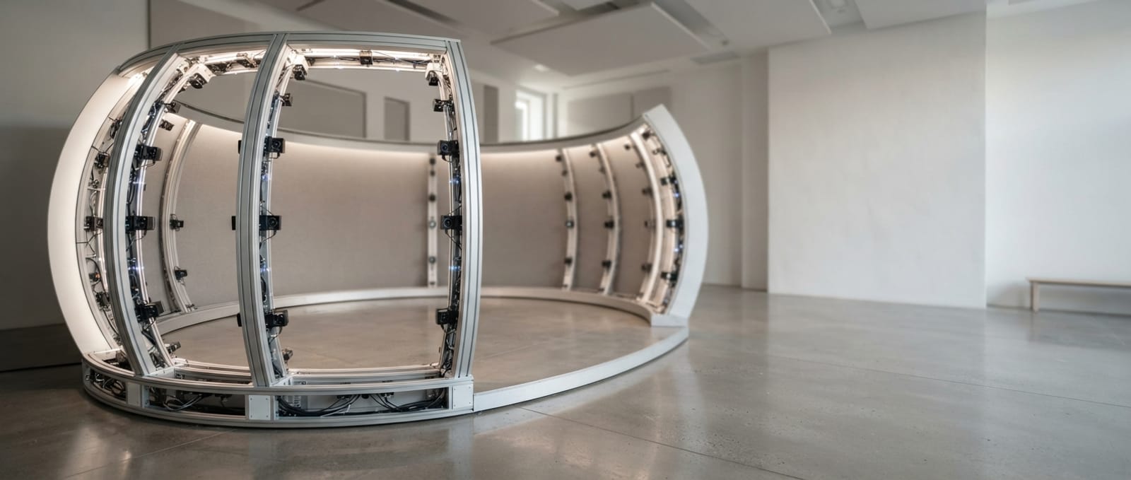 A 3D body scanning booth with a ring of camera modules in a clean studio