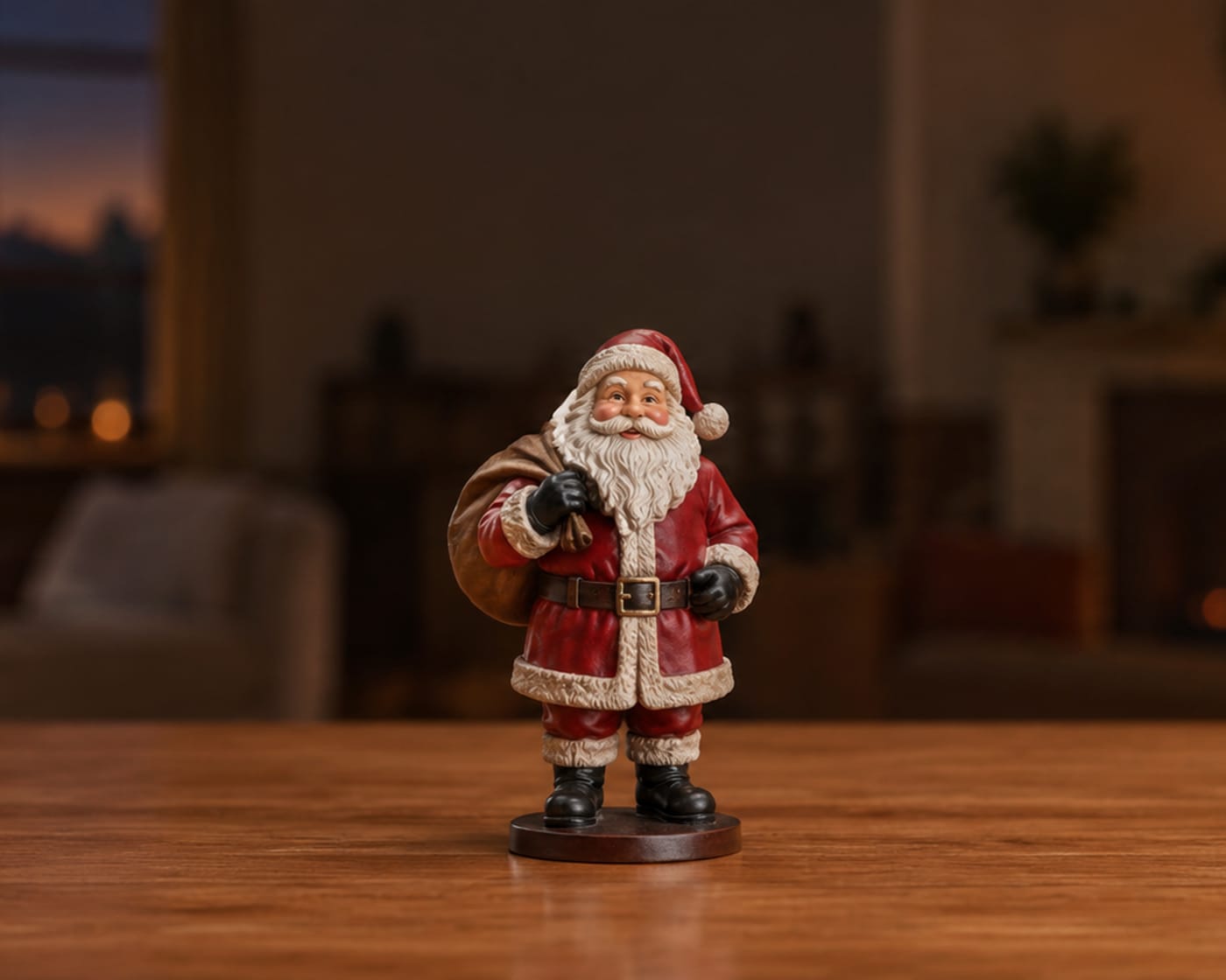 A hand-painted Santa Claus figurine on a wooden table in front of Christmas tree lights