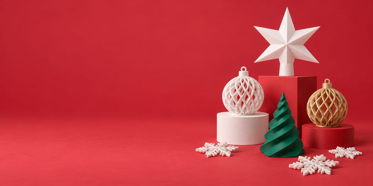 A 3D printed star tree topper, lattice baubles, a spiral tree and snowflake ornaments on red plinths