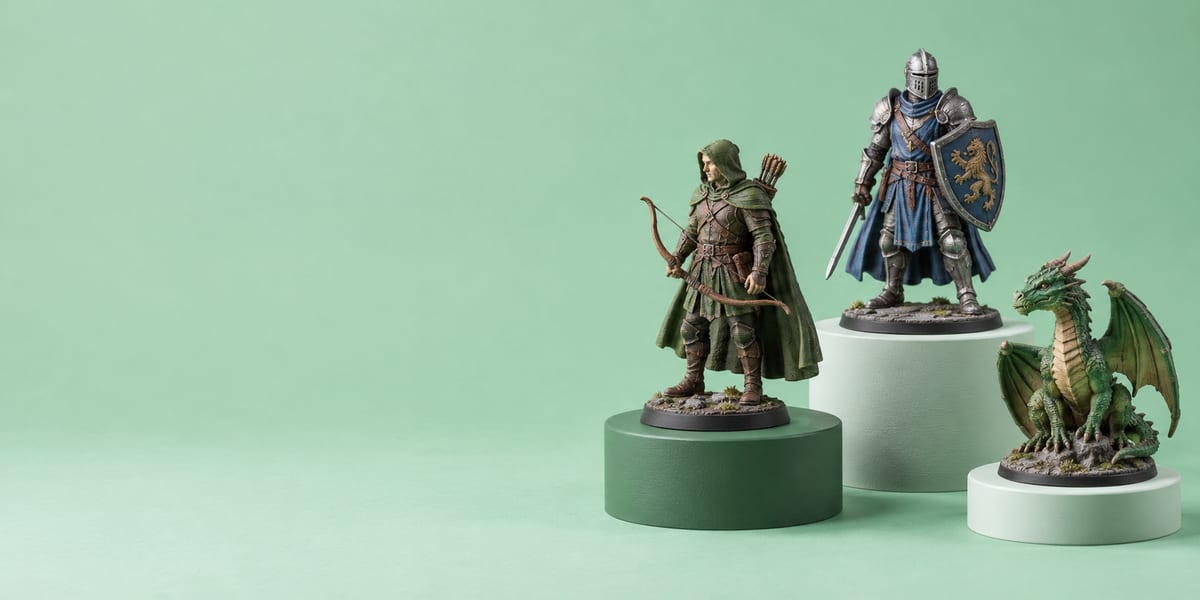 Hand-painted 3D printed figurines of a ranger, a knight and a dragon on mint plinths