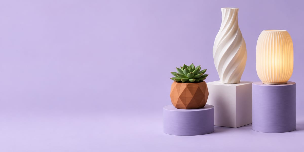 A twisted white vase, a faceted terracotta planter and a ribbed lamp, all 3D printed, on lavender plinths