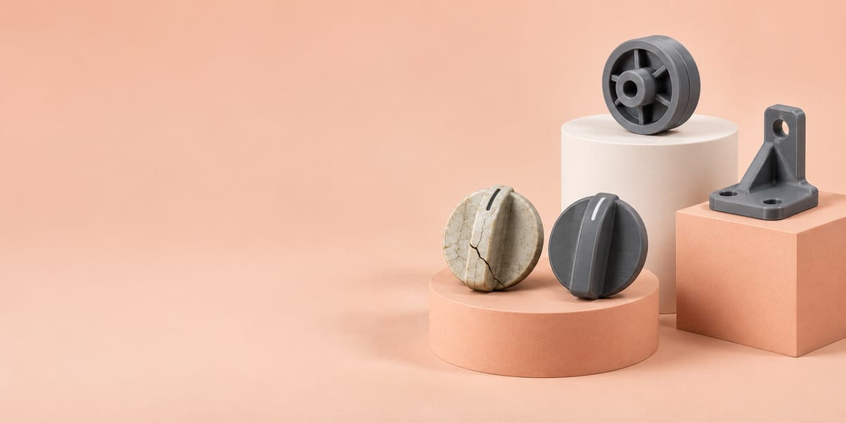 A cracked old appliance knob beside its 3D printed replacement, with a printed wheel and bracket