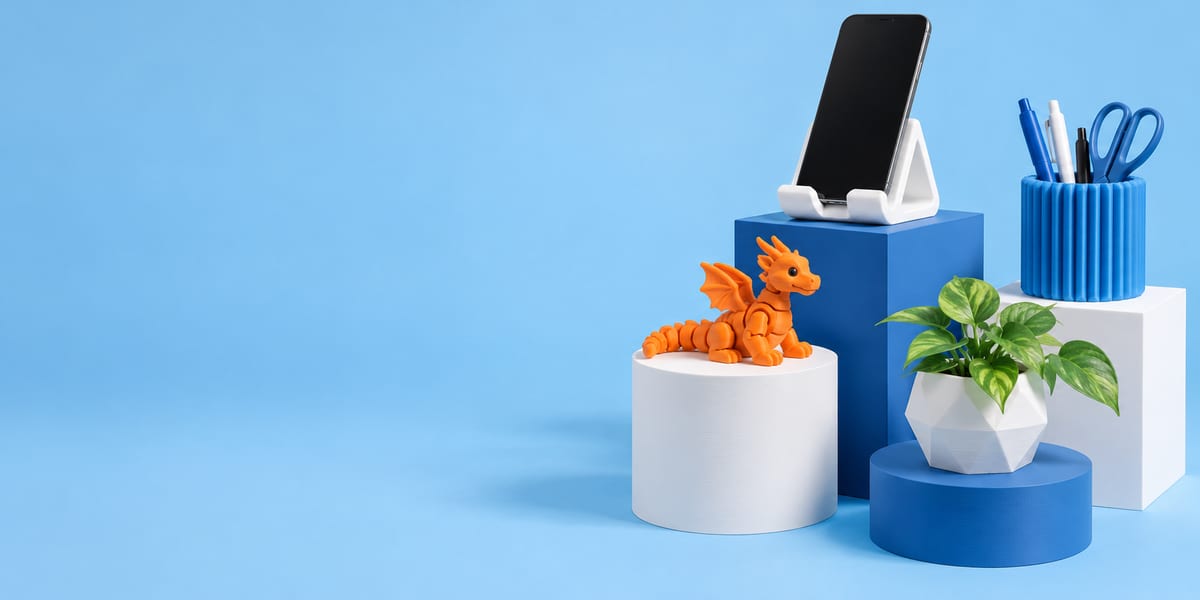 A 3D printed phone stand, pen holder, articulated dragon and planter on blue plinths