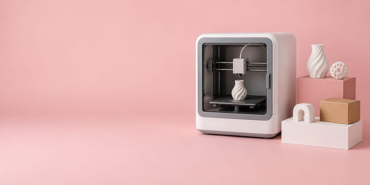 A desktop 3D printer printing a part, beside finished prints and a shipping box